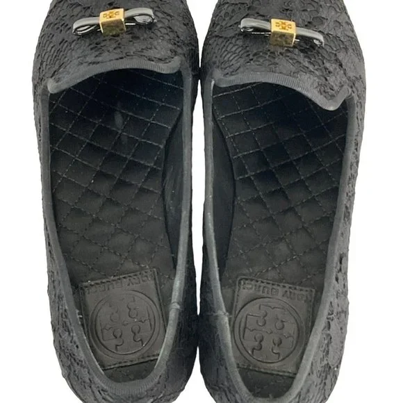 Tory Burch Shoes Womens Sz 6.5 Blk Chandra Loafer Satin + Fabric Lace Flat - Picture 6 of 16
